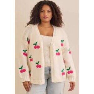 Arula Charley Chunky Knit Cherry Cardigan, Size A, 1X Ivory Novelty Oversized